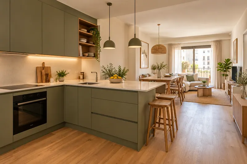 Visualización IA: Cocina abierta al salón con península y acabados de roble.