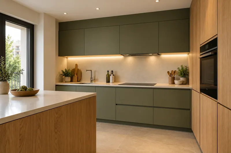 Visualización IA: Iluminación bajo los muebles altos y campana integrada en una cocina.