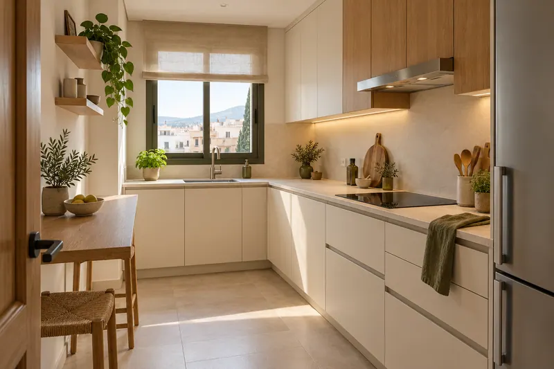 Visualización IA: Cocina pequeña con muebles claros y encimera en L.