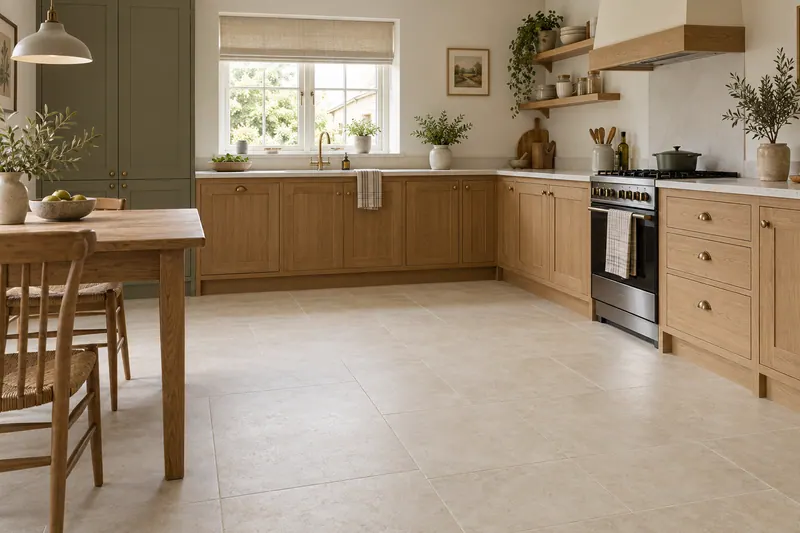 Visualización IA: Cocina clara con pavimento porcelánico beige.