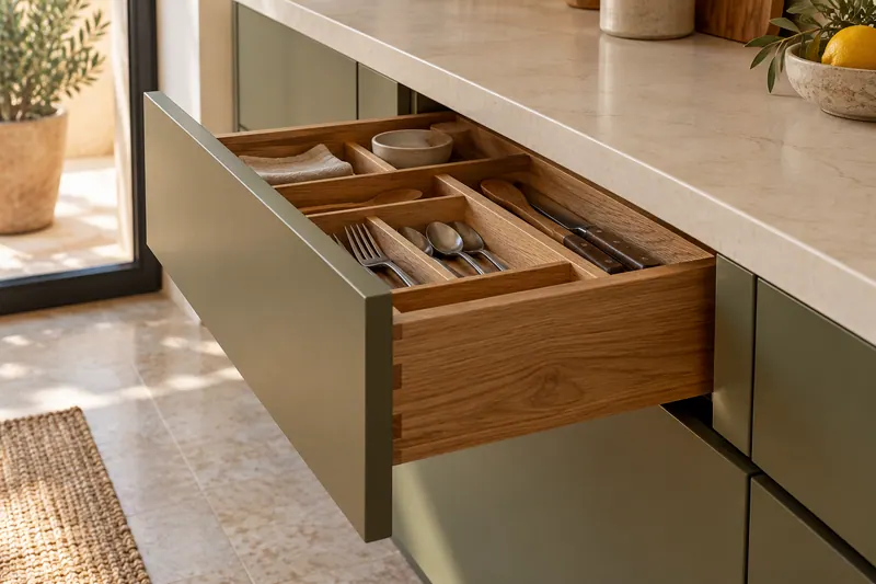 Visualización IA: Detalle de cajón de roble y frentes de cocina en verde oliva.